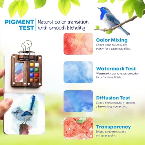 Tragbare Gouache Farben Set, Mini Aquarell Paletten Set Holz Reise, Mini Palette Watercolor Reise Set Acrylmalerei Kommen Mit Aquarellpapier Journal, Aquarellpinsel Stifte Und EIN Clip (8 Gitter)