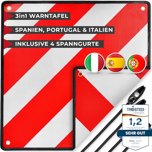 ATHELON 3in1 Warntafel für Italien Spanien & Portugal - Reflektierendes Warnschild inklusive 4X Spanngurte - Hochwertige Warntafel Italien für Fahrradträger (Warntafel + Gummi)