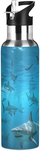 xigua Sea Shark - Botella de agua de acero inoxidable de 20.3 fl oz a prueba de fugas, adecuada para gimnasio, escuela, niños y adultos