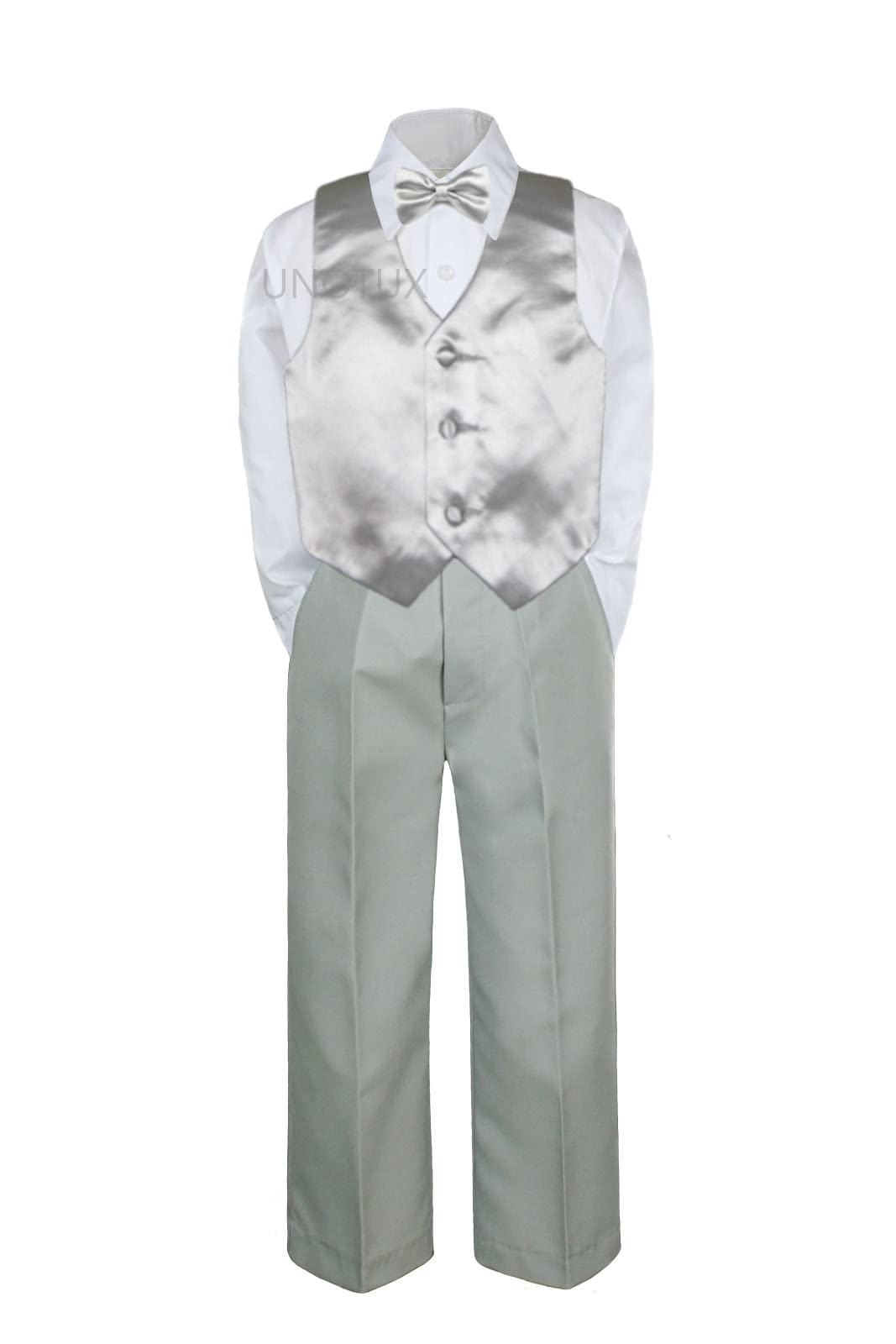 4PC Shirt Gray Pants Vest & Bow tie Set Baby Boy Toddler Kid Formal Suit Sm-7