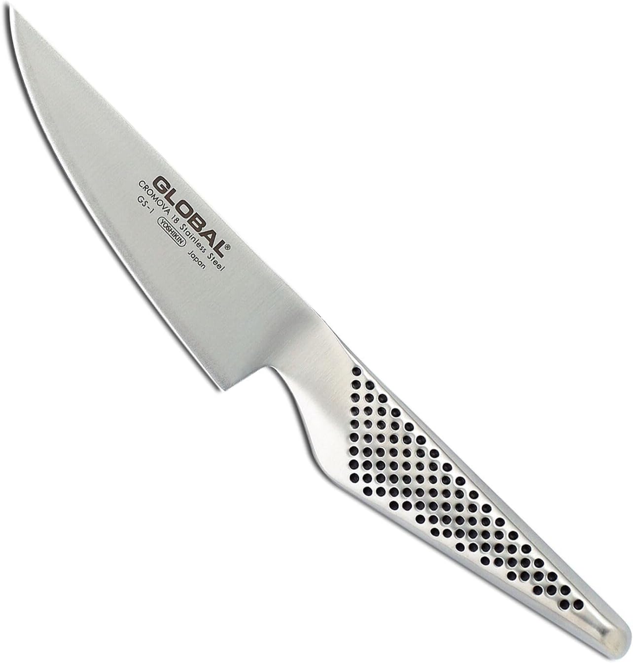 Global Kitchen Knife, 11 cm. Stainless Steel. Ergonomic Dimpled handles ensures safe grip. Perfectly Balanced. Handcrafted in Japan.