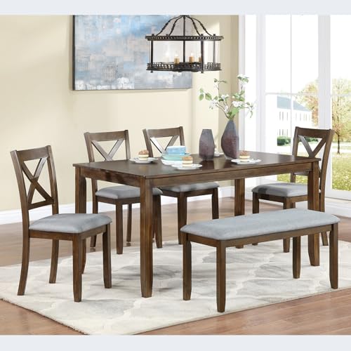 Image of Harper & Bright Designs 6-Piece Dining Table Set with 4 Upholstered Chairs & Bench, 58.5 inch Rectangular Solid Wood Frame Table, Dining Table Set for 6 People, Living Room, Home Bar and Kitchen,Walnut