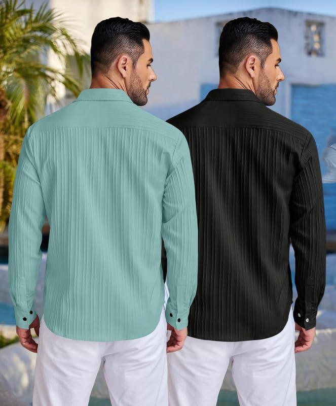 Image of FINIVO FASHION Men's Cotton Blend Shirt Set Lightweight, Full Sleeves, Plain Texture, Button Closure, Summer Ready (Pack of 2)