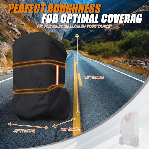 Daspom RV Tote Tank Cover 28-36 Gallons, Heavy Duty 600D Waterproof RV Portable Waste Tank Cover with Storage Bag and Reflective Strips(45\" x 25\"x 15\")