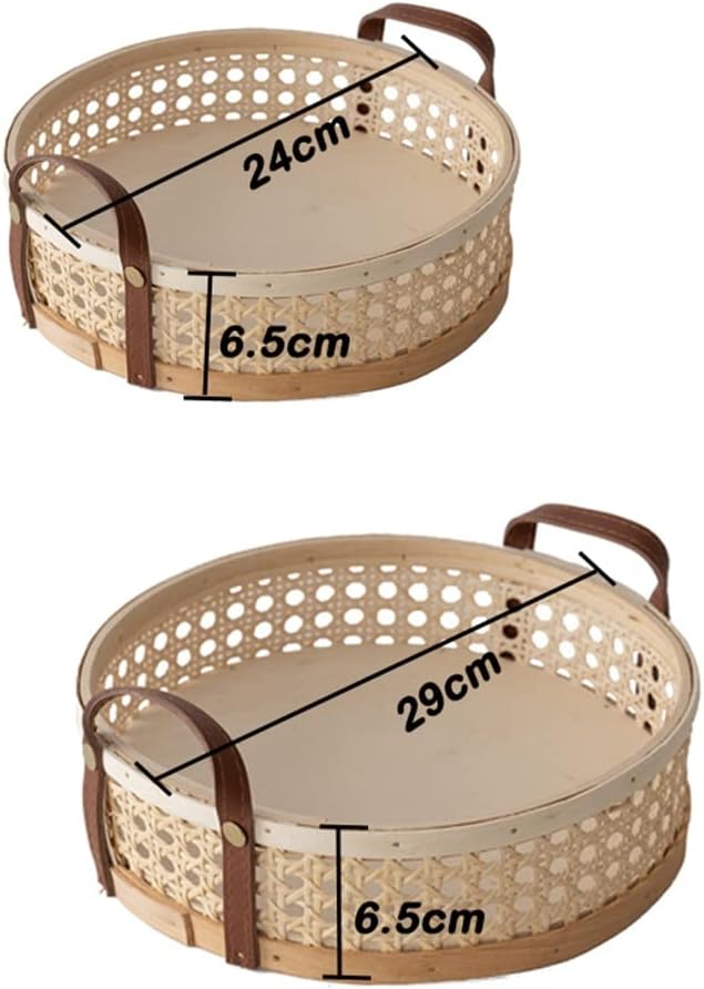FMURY Hand-Woven Round Rattan Storage Basket Wicker Plate Fruit Snacks Serving Tray with Leather Handle(White-Patch Five-Pointed star4,24 * 6.5cm)