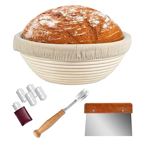 9 inch Banneton Proofing Basket, Round Sourdough Proofing Basket for Bread Baking, Bread Making Kit Gift with a Cloth Liner, Bread Scoring Lame, Metal Dough Scraper and 4 Spare Blades for Bread Bakers