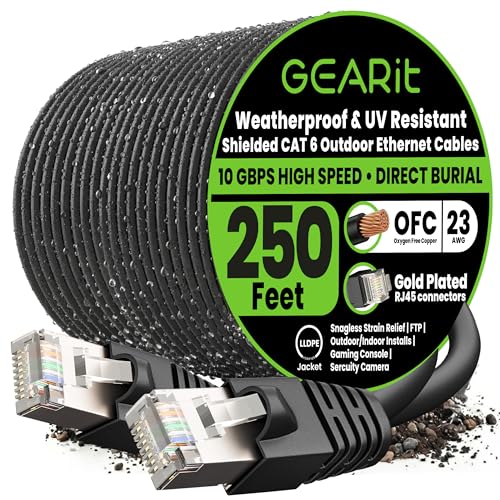 Image of GEARit Cat6 Outdoor Ethernet Cable (250ft) 23AWG Pure Copper, FTP, LLDPE, Waterproof, Direct Burial, In-Ground, UV Resistant, POE, Network, LAN, Internet, Cat 6, Cat6 Cable - 250 Feet
