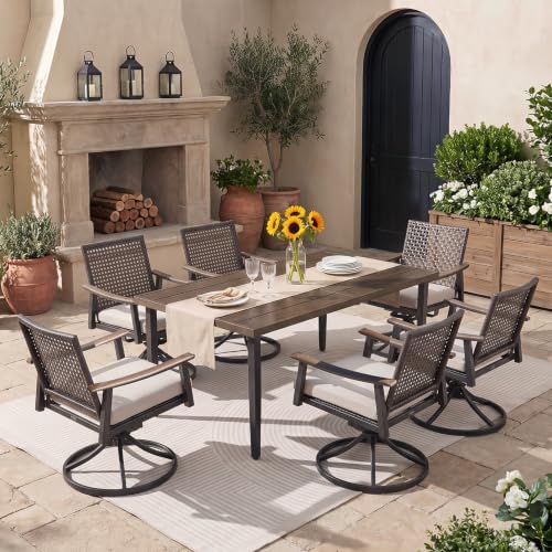 Image of NATURAL EXPRESSIONS 7 Piece Patio Dining Set for 6 Outdoor Furniture Set,6 Pcs Outdoor Rattan Wicker Swivel Chairs with Woodgrain Armrest, 65 inch Large Dining Table with 1.65'' Umbrella Hole for Garden