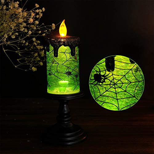 Image of Halloween Flameless Candle Snow Globe Battery Operated with 6 Hour Timer, Green Light Spider Decal Water Tornado Lamp LED Candlestick Halloween Season Decor Gift 4 x 10 Inches