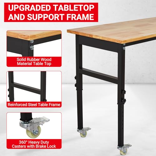 48" x 24" Workbench, MERXENG Rubber Wood Top Heavy Duty Work Bench with Scales, Pegboard, 6 Hooks, 2200 LBS Load Capacity, 8 Adjustment Height Work Table for Garage, Workshop, Office, Home, Wheels