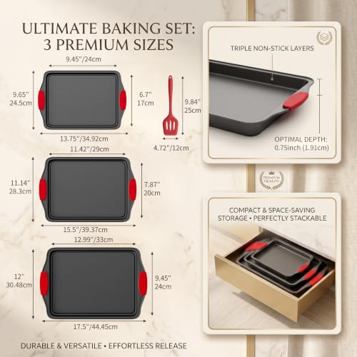 4-Piece Nonstick Carbon Steel Baking Sheet Set, Small Medium Large Rimmed Oven Pans with Red Heat-Resistant Silicone Handles & Bonus Spatula for Cookies, Cakes, Pizza & Home Baking - Image 5
