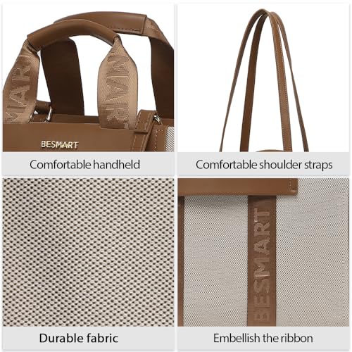 BESMART Elegant Canvas Pu Laptop Tote Bag, Large Capacity Tote Handbags for Women, High-Grade Sense Business Handbag Work Briefcase for white-collar worker commuter, Beige/Brown4