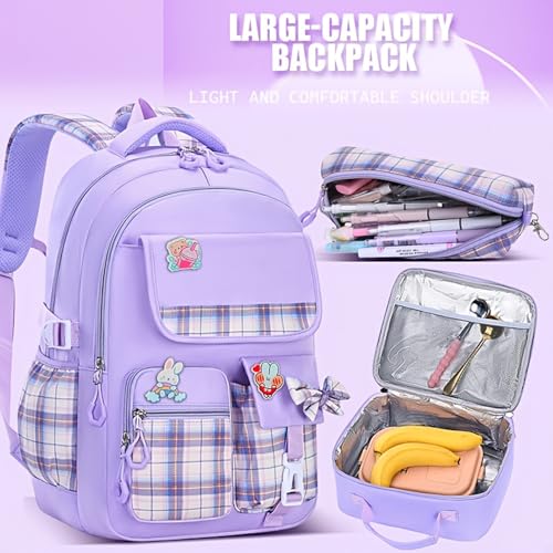 Kids Backpack for Girls Boys, 3Pcs Student Backpack with Lunch Box & Pencil Pouch - School Backpack Daisy Bag (Bowtie-PURPLE)4