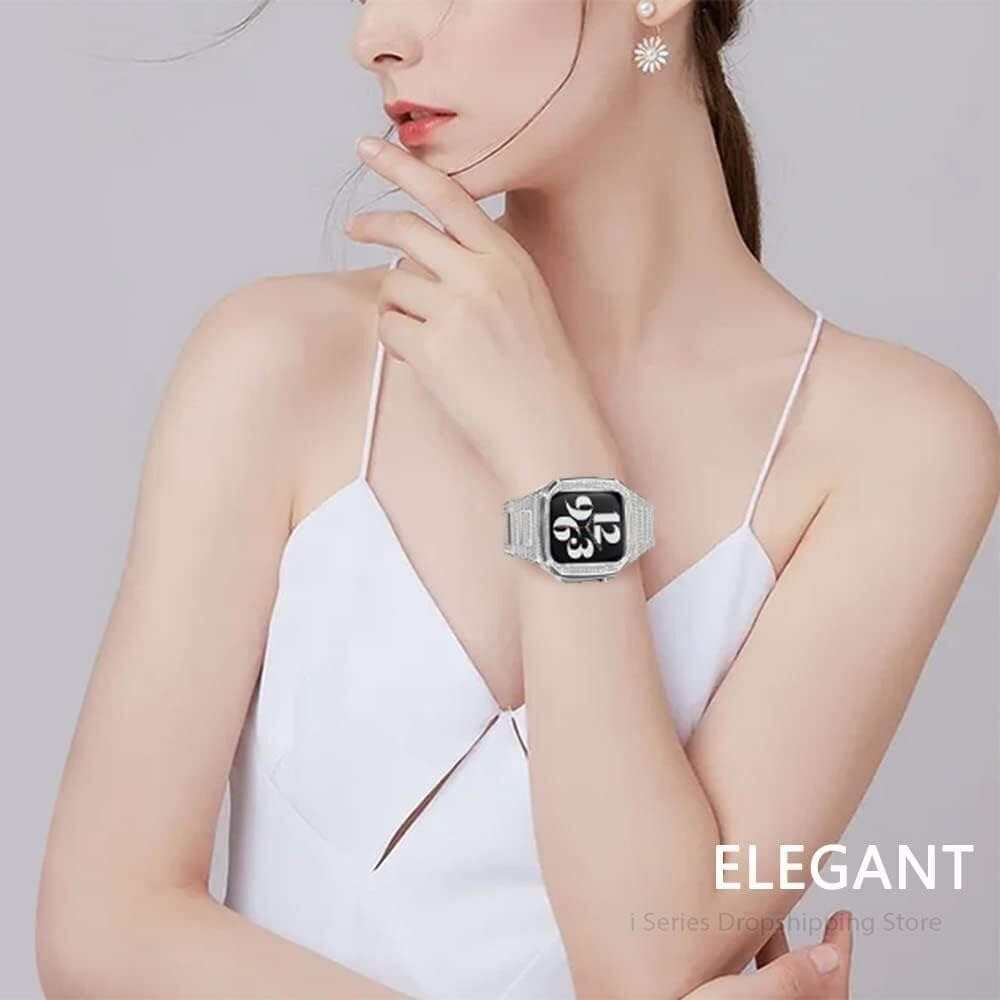 MODBAND Luxury Diamond Modification Set?For Apple Watch 8 7 45mm Series Watch?Watch Strap Band Mod Kit 45mm Stainless Steel Case With Strap Rekit Accessoires
