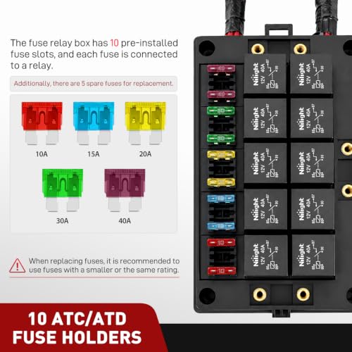 Image of Nilight 12V Fuse Relay Box 10 Relays 4pin /5pin 40A 10 Fuses Pre-Wired Block