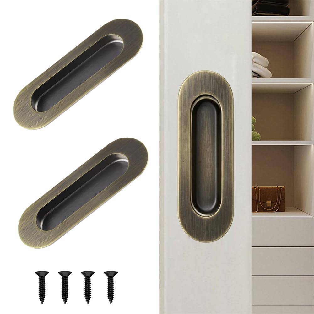 Pocket Door Handles, Flush Sliding Door Handles with Screws, 2 PCS, Bronze
