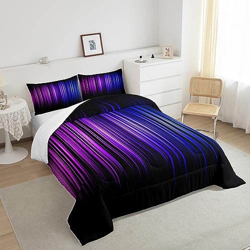 Image of Feelyou Geometric Abstract Ombre Comforter Set Queen Size, Purple Blue and Black Bedding Set for Boys Girls Ombre Gradient Lines Comforter Abstract Duvet Set Kids Room Decor Microfiber Bed Set