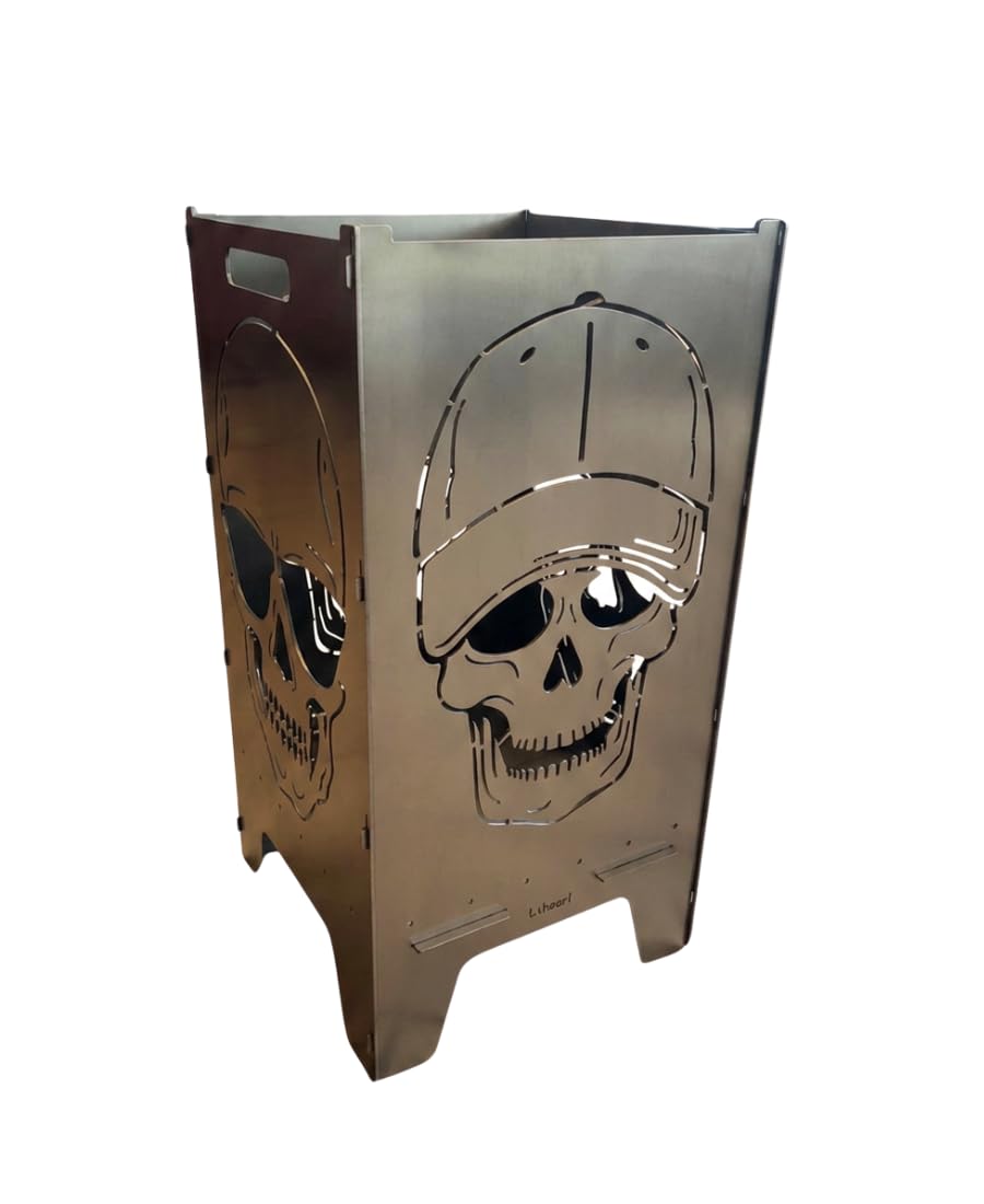 Lehnert Feuertonne Totenkopf Sonnenbrille Cap 74 cm aus 3 mm Stahlblech Feuerkorb Feuerschale Feuerstelle mit 2 Totenkopf Motiven, große Massive und Feuerfeste Feuerstelle für Garten und Terrasse