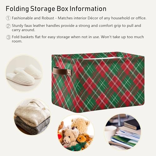 Image of Christmas Buffalo Plaid Storage Basket with Waterproof Liner and PU Handles Winter Green Red Checked Storage Bins Boxes 14.2 inch Collapsible Decorative Organizer Baskets for Bedroom Closet Office 1 Pack