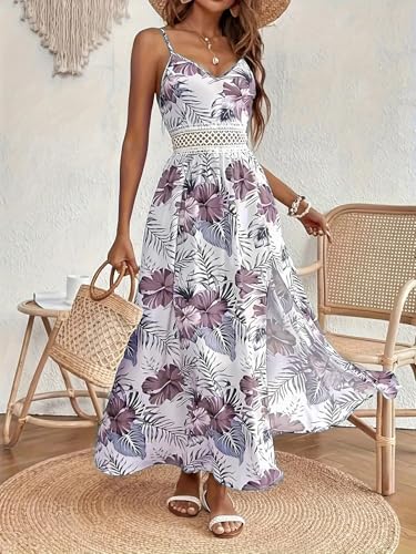 Image of Women's Hawaiian Maxi Dresses Summer Floral Boho Sleeveless V-Neck Flowy Beach Vacation Dresses Spaghetti Straps