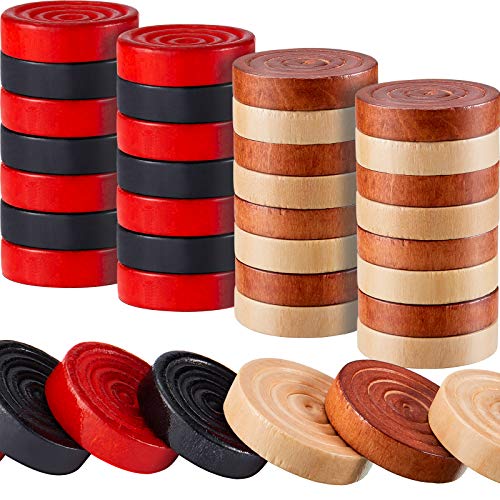 Gejoy, 48 Pieces Wooden Checkers 1.06 Inch Wooden Checkers Pieces with Stackable Ridge in Drawstring Storage Pouch (Dark Brown, Natural Color)