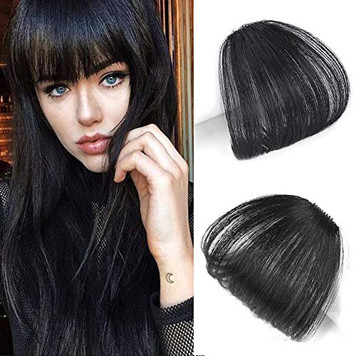 Remy Human Hair Pieces Front Clip in Hair #1B Natural Black Fringe Hair Extensions with Hair Temples