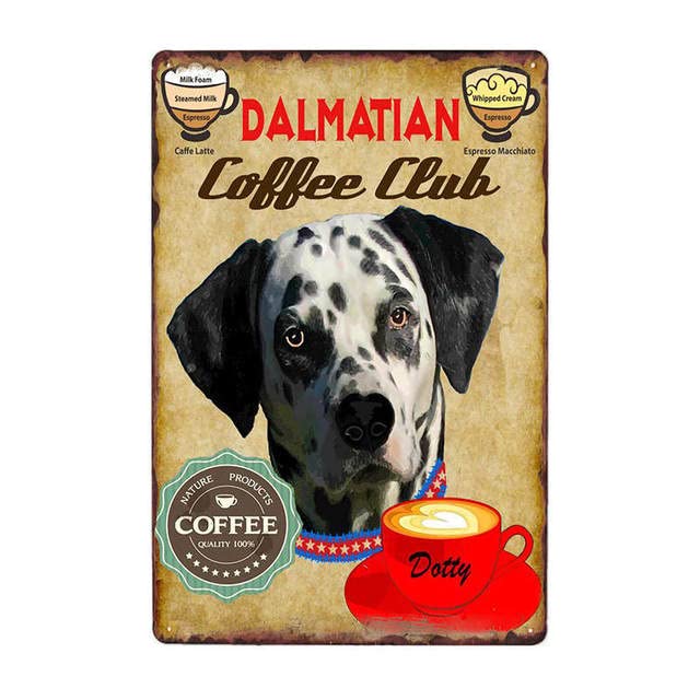 Juego de 4 placas de café para perros, de metal, vintage, de estaño, para café, bar, póster de pared, pub, pintura artística, 20 x 30 cm