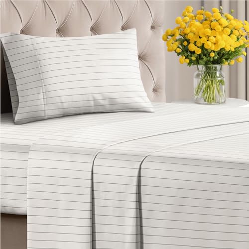 Image of Twin XL 3 Piece Striped Sheet Set - Breathable & Cooling - Cream Stripe