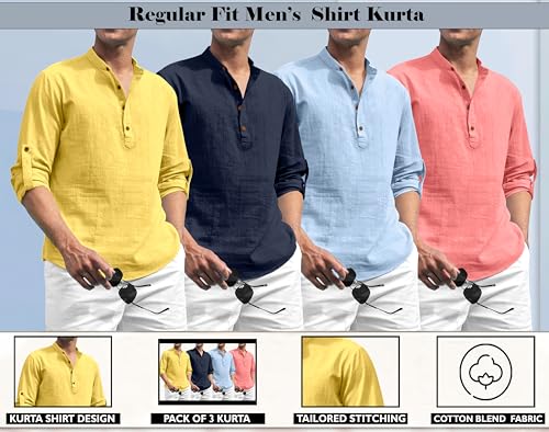 Image of Zombom Combo of Men's Solid Cotton Polyester Blend Full Sleeve Mandarin /Chinese Collor Straight Kurta Shirt (Pack of 4)