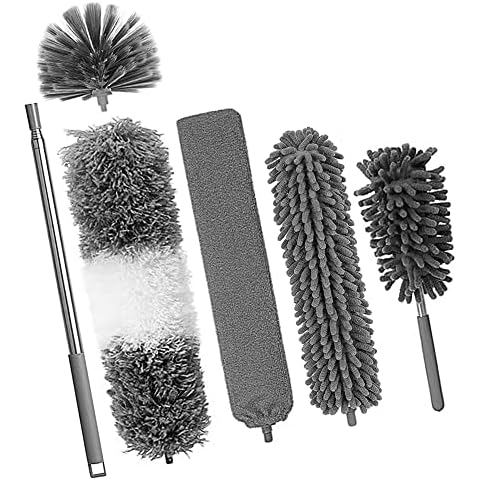 6 Stücke Staubwedel Teleskop Waschbar, Staubwedel für Decken Teleskopstiel Eckbesen Mikrofaser Duster Max.Lang 25-256cm mit Edelstahl Teleskop Stange Entfernt Mühelos Staub und Spinnweben Cover