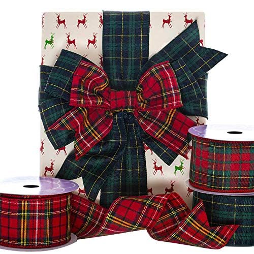 Image of Holiday Wired Christmas Tree Ribbon - 2 1 /2 inch x 10 Yards, Red & Yellow Plaid, Wreath, Tree Decoration, Gift Wrapping, Presents, Bow, Garland, Holiday, Tartan