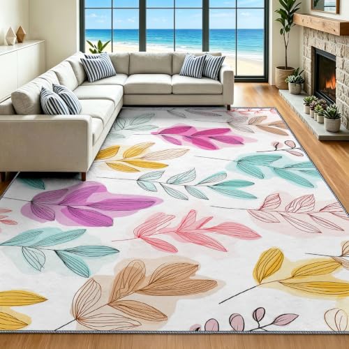 Alfombra para oficina en casa con diseño botánico y follaje abstracto de colores suave 3