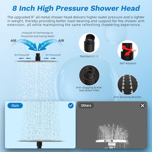 Image of Hibbent High Pressue All Metal 8 inch Rainfall Shower Head, Handheld 10-Spray | cUPC Certified Oil-Rubbed Bronze Dual Showerhead Combo, 4-way Diverter with Pause Mode, Extension Arm, 71'' Hose & Holder