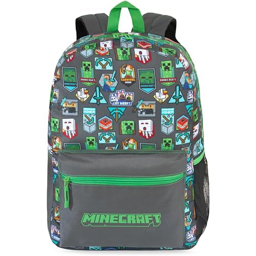 Get Trend Minecraft Mochila Niños, Mochila Escolar Ajustable y Acolchada, para Colegio, Viaje y Ocio, Regalo Gamer para Niños (Verde/Gris Minecraft)