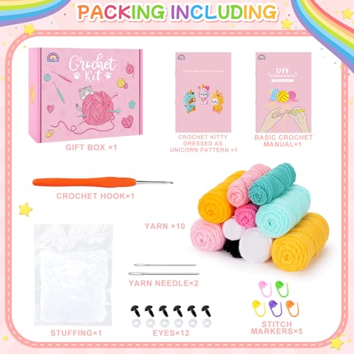 Image of Crochet Kit for Beginners - 3 PCS Unicorn Cat Crochet Kits with Step-by-Step Video Tutorials, Beginner Crochet Kit for Adults, Crochet Animal Kit for Starters, Cat Dressed as Unicorn Set