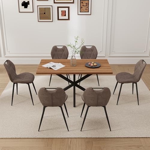 GrandCA HOME Juego de Mesa y Sillas de Comedor de 7 Piezas,Mesa Cuadrada de 140 cm,6 Silla de Comedor Tapizada en Lino,Adecuado para Cocinas,Comedores (veta de Madera Oscura+Marrón