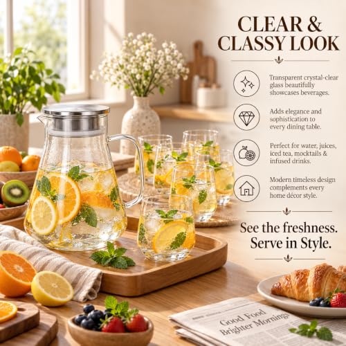 Image of bellemax 1.8 Litre Water Jug with Wooden Lid & 6 Black Juice Glasses Set | Premium Glass Water Jug Set for Home Kitchen | Juice, Water, Cold Drink Serving Set | Stylish Pitcher Set of 7 (BM-15)