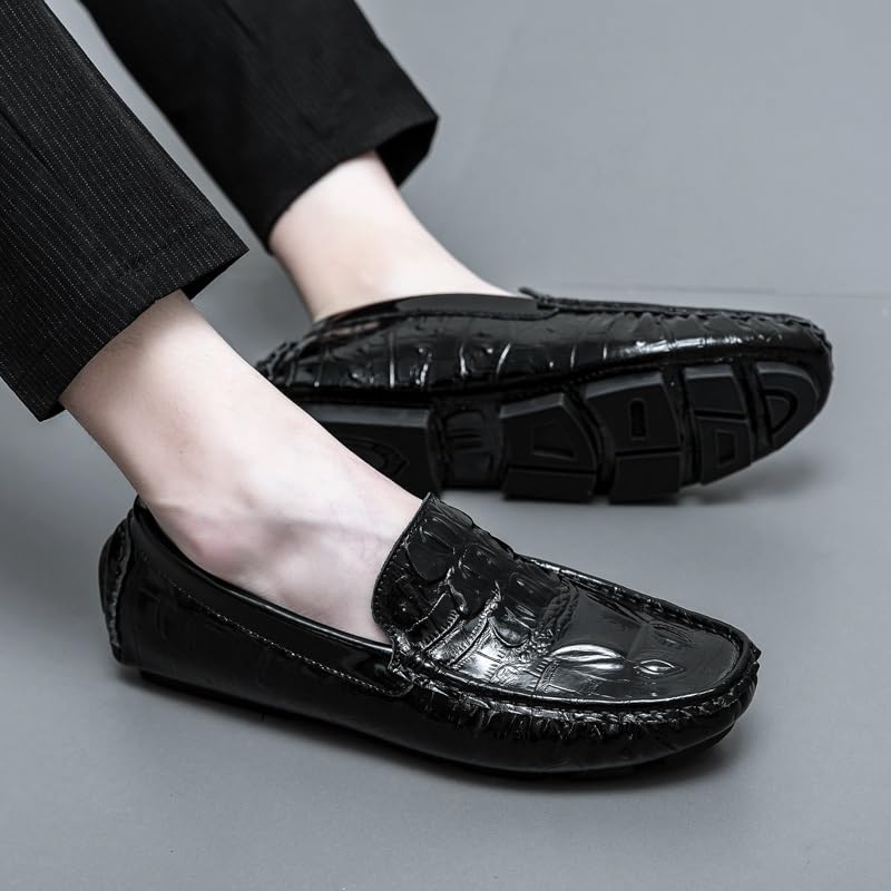 Mens Loafers Shoe Round Toe Crocodile Print Faux Leather Driving Loafers Anti-Slip Lightweight Flexible Prom Casual Slip-on4