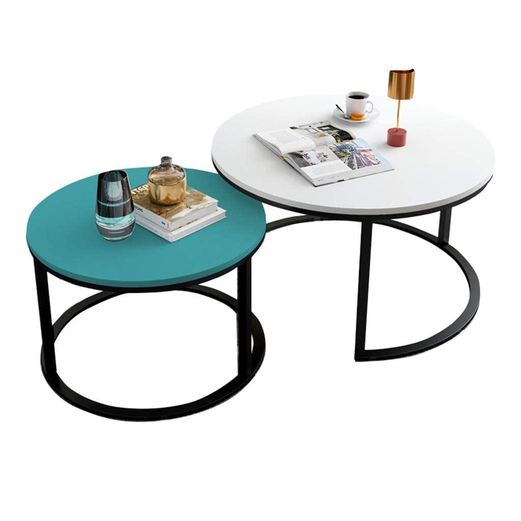 Tables basses gigognes de salon - Lot de 2 tables rondes moderne bois et métal noir 80/60 cm