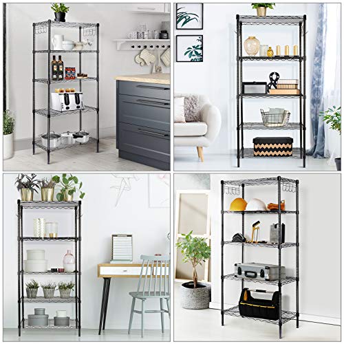 LEHOM 5-Wire Shelving Metal Storage Shelves, Adjustable Shelf with Stainless Side Hooks & Adjustable Leveling Feet for Laundry Bathroom Kitchen Pantry ,220 LBS Capacity- 23.63\"L×13.78\"W×59.1\"H Black