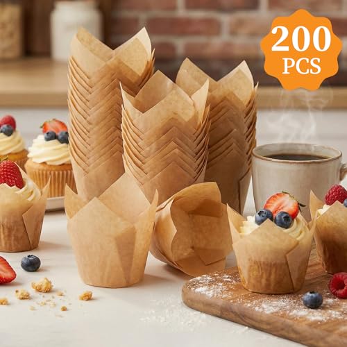 Image of KORCCI 200pcs Tulip Cupcake Liners,Greaseproof & Sturdy Muffin Liners, Unbleached Parchment Baking Cups, Easy Release Natural Cupcake Wrappers for Baking, Party, Wedding & Christmas