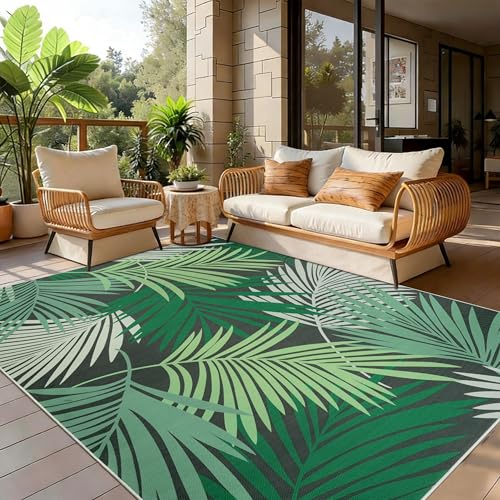 Cekene In & Outdoor Teppich Wetterfest Grün 120x170cm Outdoor Teppich für Garten Waschbare Teppiche Wohnzimmer rutschfest Palmblatt Sisal Teppich für Schlafzimmer Esszimmer Terrasse Hinterhof Deck