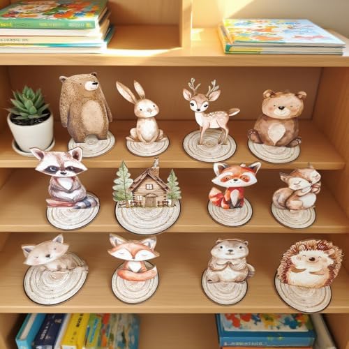Image of 12Pcs Woodland Animal Figurines and Wooden Table Signs Enchanted Forest Decor Rustic Tiered Tray Centerpieces for Baby Shower Birthday Camp Party Supplies Cake and Tabletop Decoration (Forest Animal)