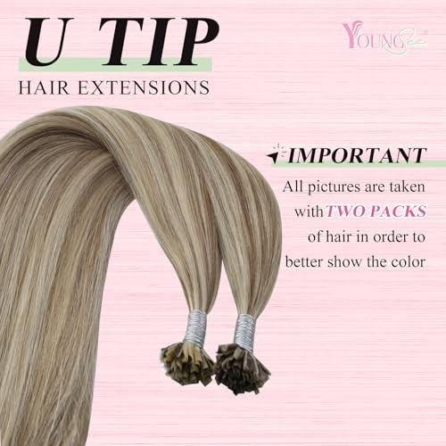 Image of YoungSee U Tips Hair Extensions Real Human Hair Brown to Blonde Pre Bonded Utip Hair Extensions Light Brown Highlight Blonde Human Hair K Tips Extension Highlight for Short Straight Hair 14In 50s /50g