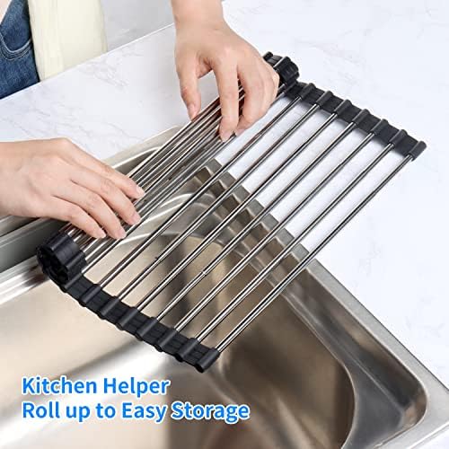 AIRUJIA Dish Drying Rack Roll-Up, Expandable Over Sink Dish Rack, Foldable Multi-Use Dish Drainers, Draining mat with Non-Slip Silicone and Stainless Steel, Heat Resistant, 13inchx20inch Black