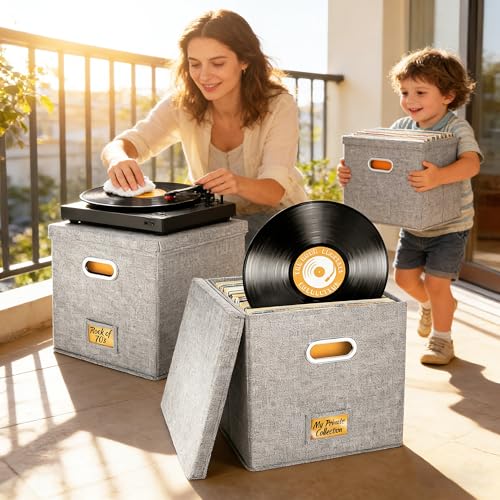 CHSG Vinyl-Schallplatten-Aufbewahrungsbox für 45+ Single-LPs (12-Zoll), Schallplatten-Organizer für Alben, CDs, Pässe, Zeitschriften, Akten, Aktenordner Schrank Organizer Case mit Griff - Grau