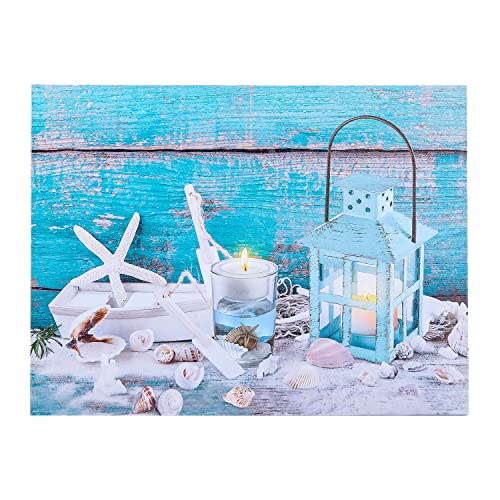 Soffee Design Led Candle Lantern Canvas Prints, Starfish & Seashell Summer Wall Art Painting Holidays Vintage Decor, Teal Nature Picture Canvas For Home Decor Ready To Hang #TOP16