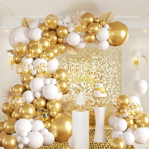 Kit Arche Ballon Dorés Blanc, 113 Pièces Ballon de Baudruche Dores Blanc Kit avec Or Confettis...
