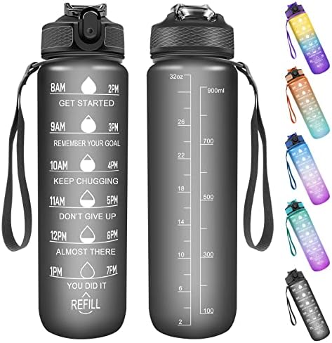 Sports Water Bottle with Motivational Time Marker & Straw, 1L Leakproof Drink Bottles with BPA Free Tritan Non-Toxic Plastic, Ideal for School,Cycling,Gym,Camping (Black)
