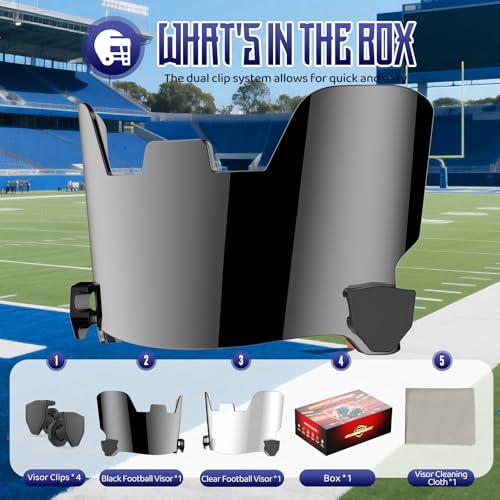 Image of 2 Pack Football Helmet Visors, Clear and Black | Clear and black visor set with two hardware kits for game and practice rotation